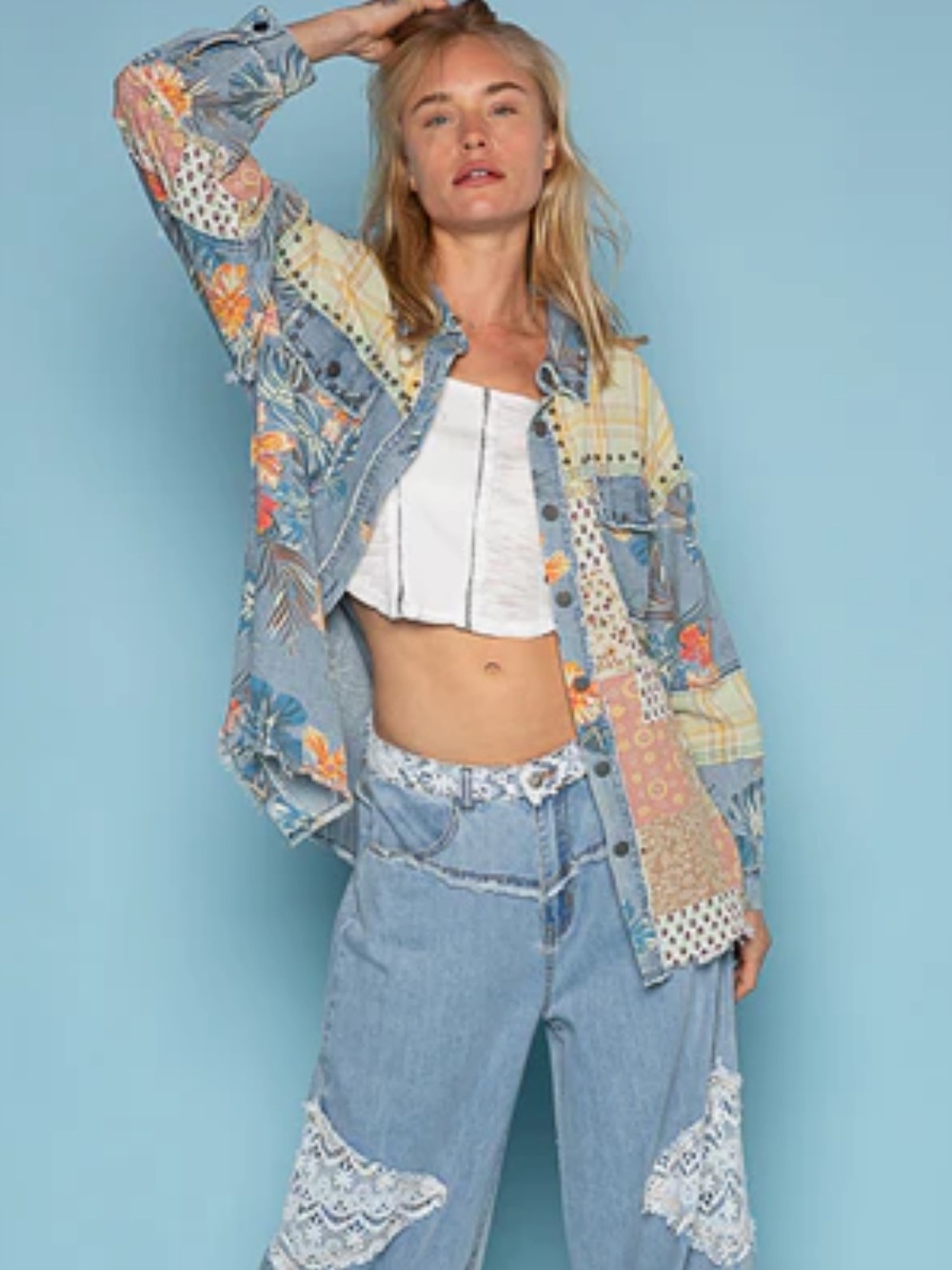 NEW POL Denim Multi Patchwork Floral & Plaid Shacket in Blue, Yellow, Cream - Picture 4 of 6